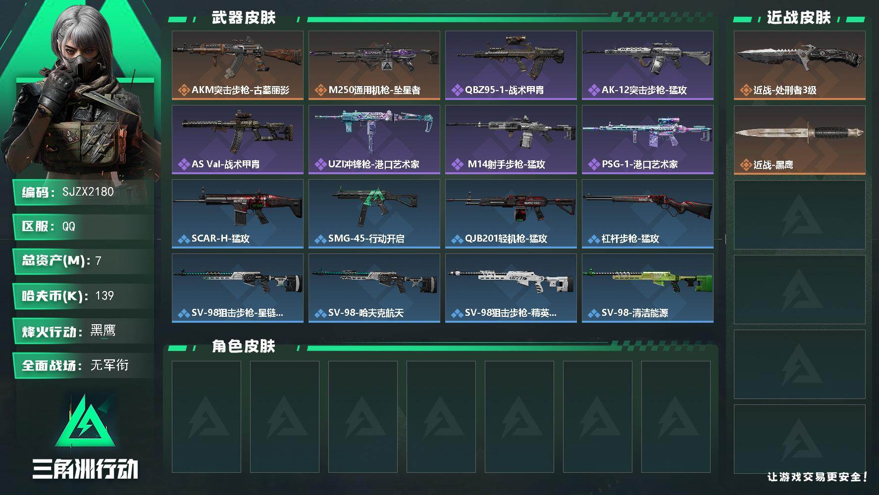三角洲行动账号QQ【SJZX2180】总资产7M/哈夫币13万/传说近战数1/传说枪皮数2/战场等级1/行动等级60/安全箱等时效性道具以游戏内数据为准，详情请看图/近战-处刑者3级/近战-黑鹰/AKM突击步枪-古墓