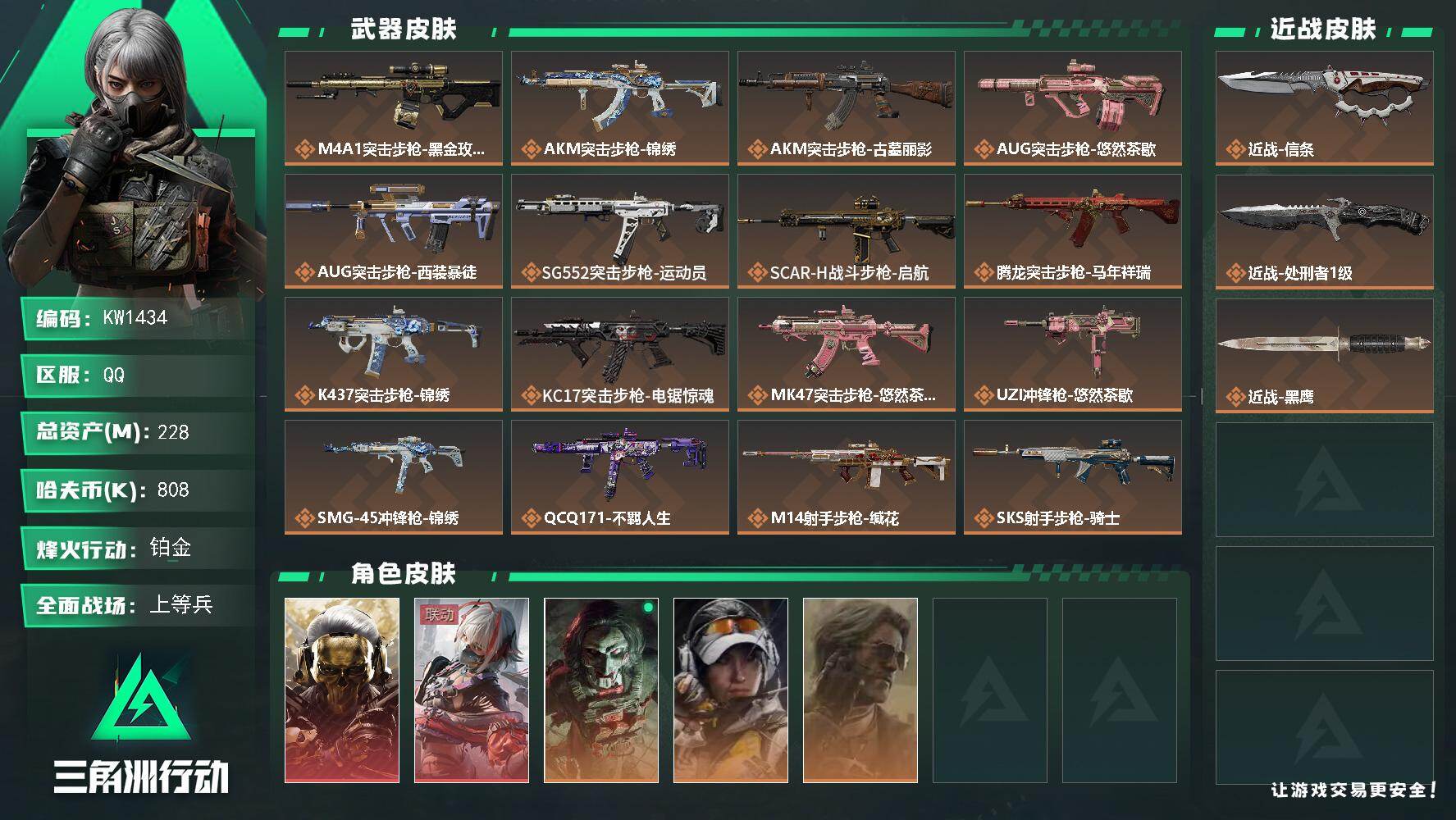 三角洲行动账号QQ【KW1434】总资产228M/哈夫币80万/传说近战数2/干员外观数5/传说枪皮数20/战场等级36/行动等级60/安全箱等时效性道具以游戏内数据为准，详情请看图/红狼-蚀金玫瑰/骇爪-维什戴尔/