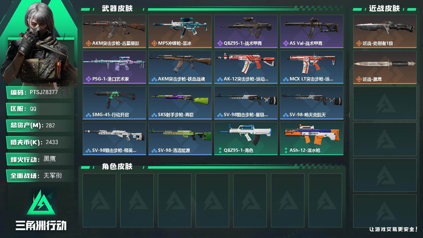 三角洲行动账号QQ【PTSJZ8377】总资产282M/哈夫币243万/传说近战数1/传说枪皮数2/战场等级5/行动等