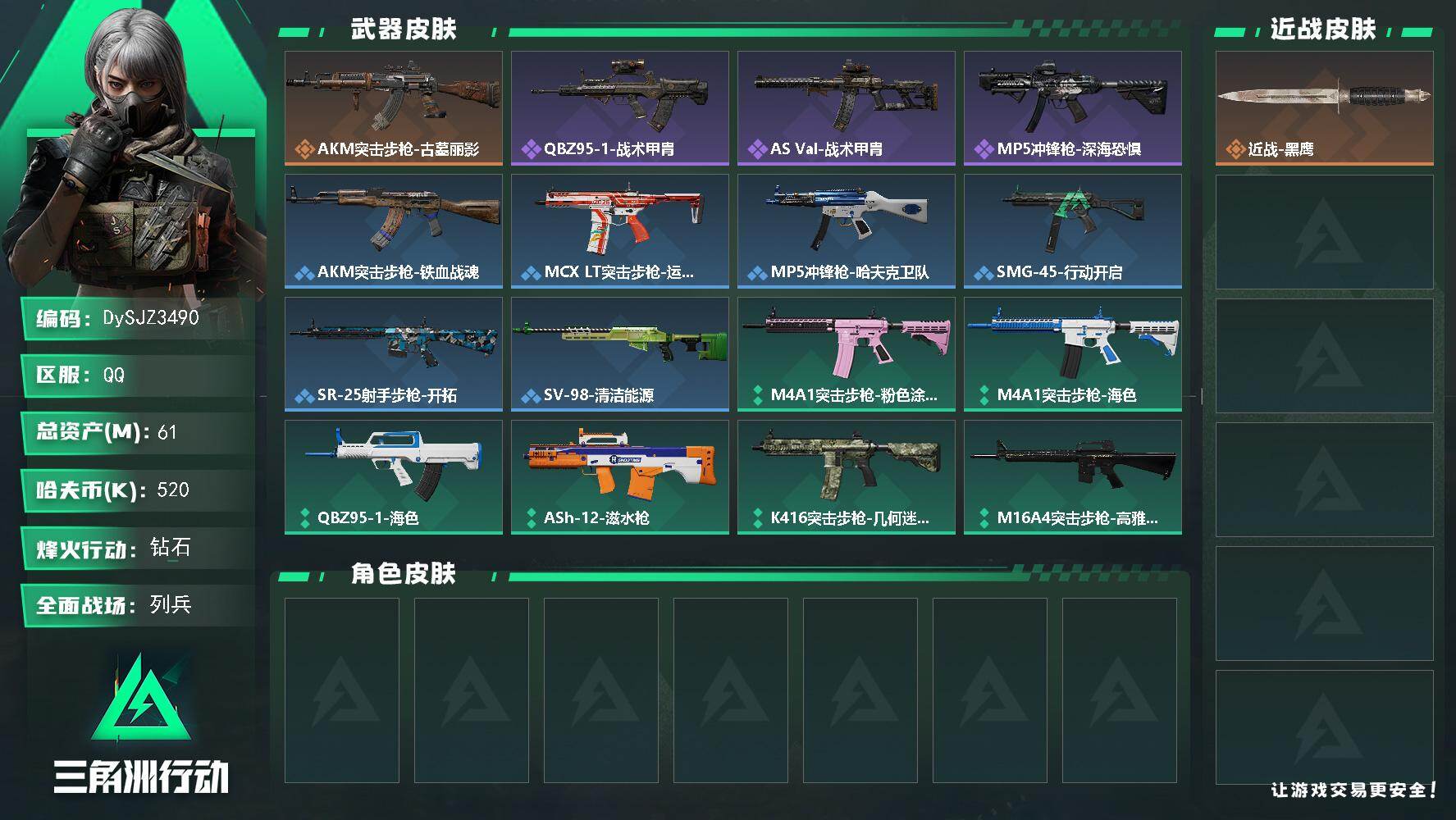 三角洲行动账号QQ【DySJZ3490】总资产61M/哈夫币52万/传说枪皮数1/战场等级7/行动等级60/安全箱等时效性道具以游戏内数据为准，详情请看图/近战-黑鹰/AKM突击步枪-古墓丽影/QBZ95-1突击步枪