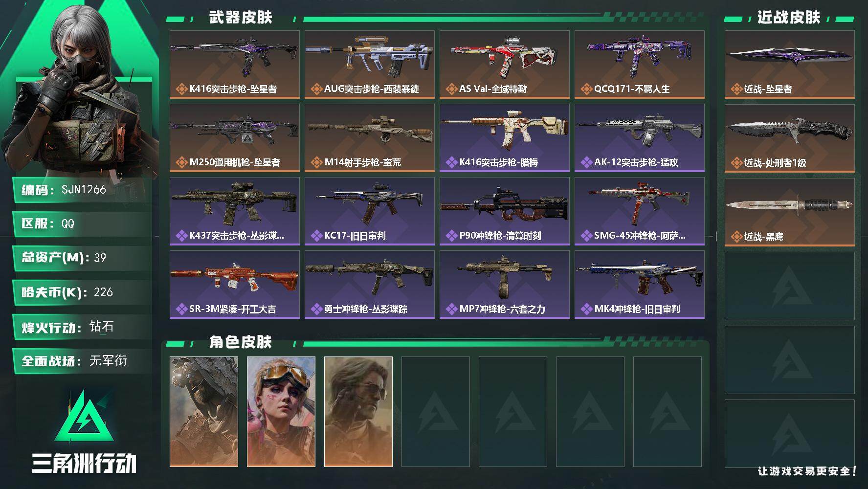 三角洲行动账号QQ【SJN1266】总资产39M/哈夫币22万/传说近战数2/干员外观数3/传说枪皮数6/战场等级1/行动等级60/安全箱等时效性道具以游戏内数据为准，详情请看图/乌鲁鲁-荒原猎手/蛊-不羁人生/银翼