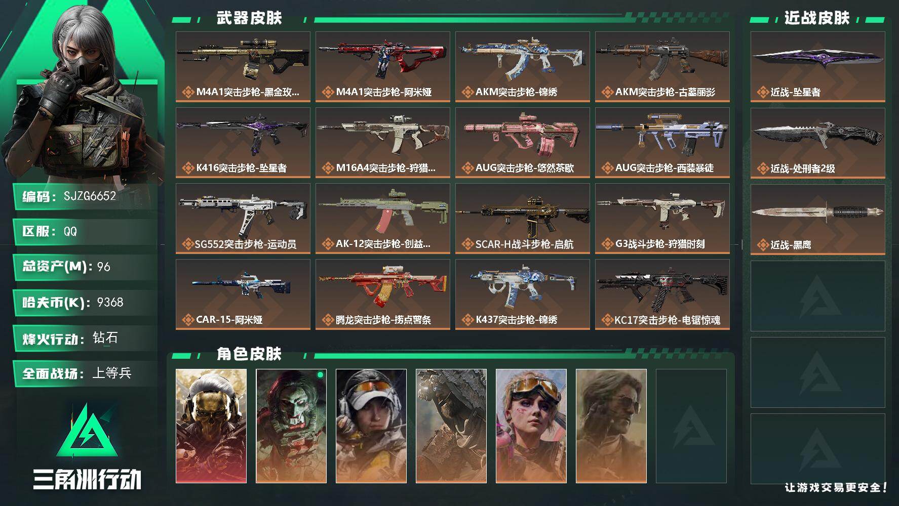 三角洲行动账号QQ【SJZG6652】总资产96M/哈夫币936万/传说近战数2/干员外观数6/传说枪皮数29/战场等级36/行动等级60/安全箱等时效性道具以游戏内数据为准，详情请看图/红狼-蚀金玫瑰/红狼-电锯惊