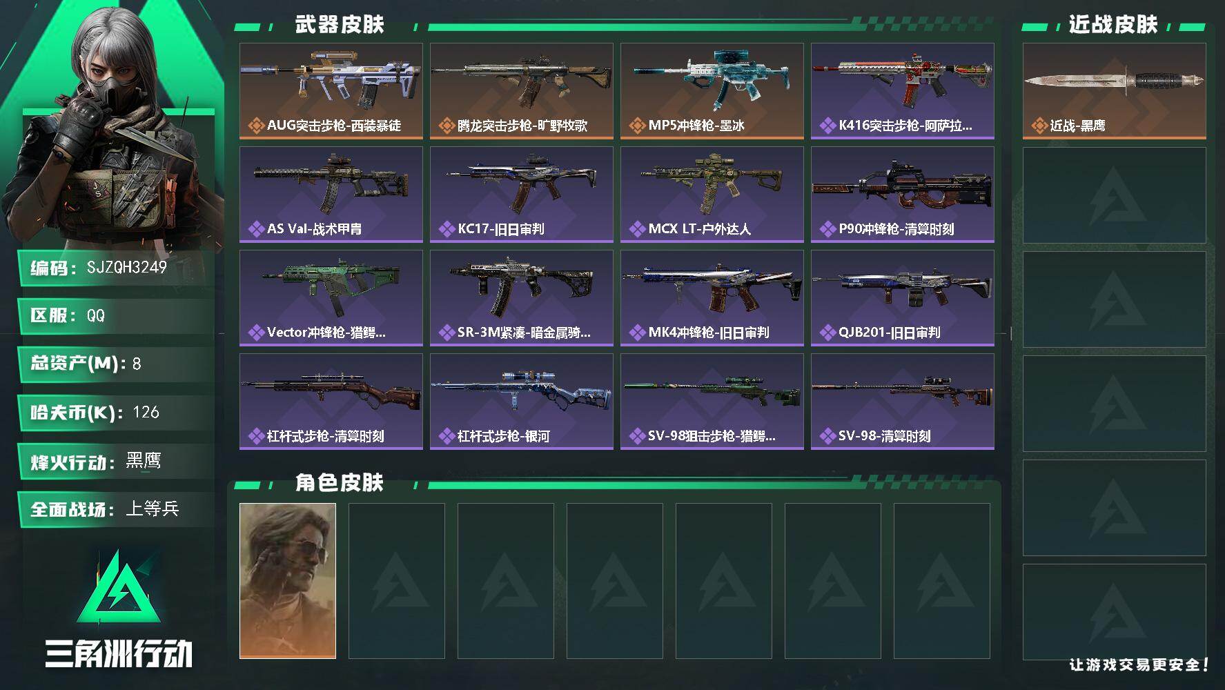 三角洲行动账号QQ【SJZQH3249】总资产8M/哈夫币12万/干员外观数1/传说枪皮数3/战场等级24/行动等级60/安全箱等时效性道具以游戏内数据为准，详情请看图/银翼-未结卷宗/近战-黑鹰/AUG突击步枪-西