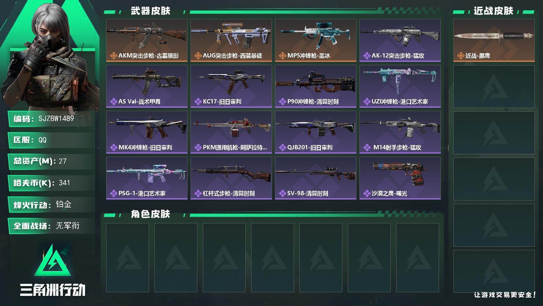 三角洲行动账号QQ【SJZBW1489】总资产27M/哈夫币34万/传说枪皮数3/战场等级1/行动等级60/安全箱等时效性道具以游戏内数据为准，详情请看图/近战-黑鹰/AKM突击步枪-古墓丽影/AUG突击步枪-西装暴