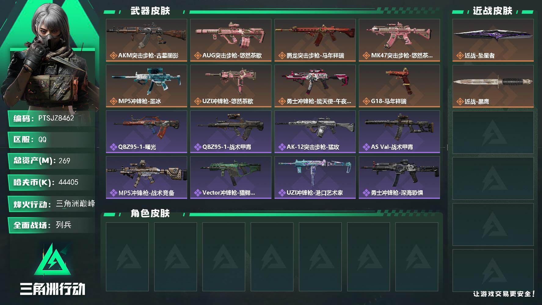 三角洲行动账号QQ【PTSJZ8462】总资产269M/哈夫币4440万/传说近战数1/传说枪皮数8/战场等级15/行