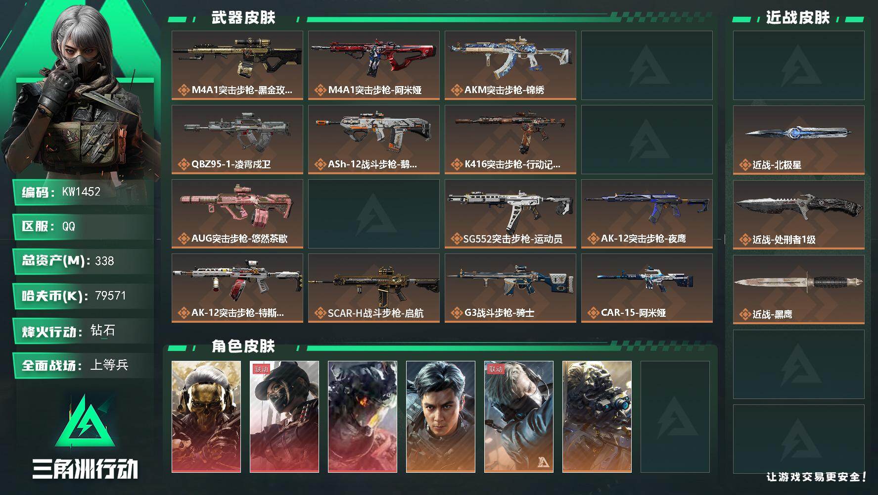 三角洲行动账号QQ【KW1452】总资产338M/哈夫币7957万/传说近战数3/干员外观数12/传说枪皮数42/战场等级25/行动等级60/安全箱等时效性道具以游戏内数据为准，详情请看图/红狼-蚀金玫瑰/露娜-黑·