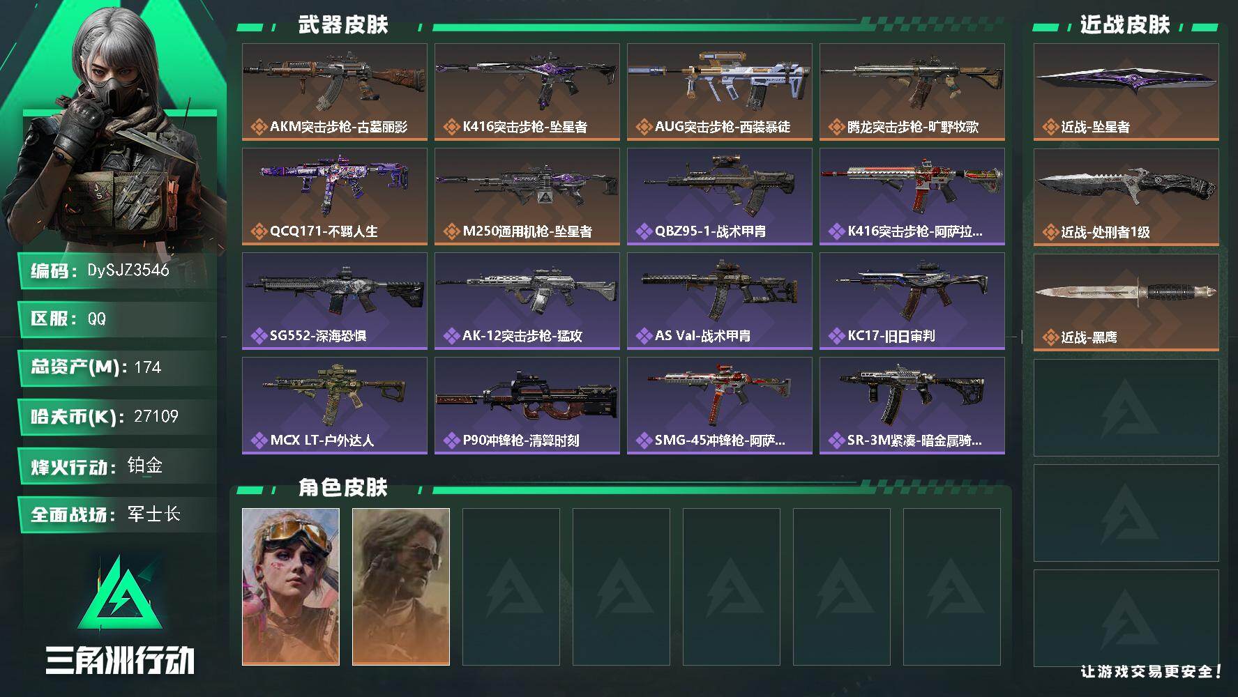三角洲行动账号QQ【DySJZ3546】总资产174M/哈夫币2710万/传说近战数2/干员外观数2/传说枪皮数6/战场等级50/行动等级60/安全箱等时效性道具以游戏内数据为准，详情请看图/蛊-不羁人生/银翼-未结