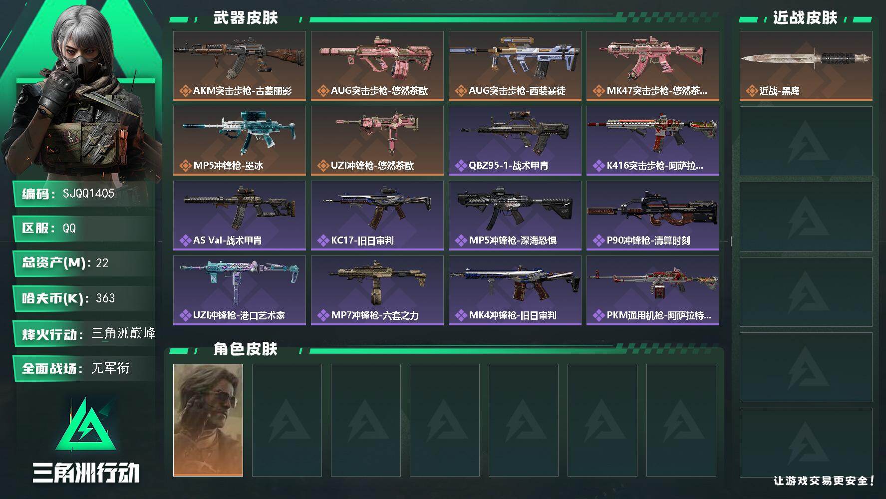 三角洲行动账号QQ【SJQQ1405】总资产22M/哈夫币36万/干员外观数1/传说枪皮数6/战场等级1/行动等级60/安全箱等时效性道具以游戏内数据为准，详情请看图/银翼-未结卷宗/近战-黑鹰/AKM突击步枪-古墓