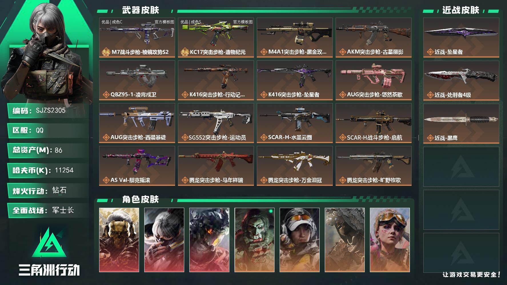 三角洲行动账号QQ【SJZS2305】总资产86M/哈夫币1125万/传说近战数2/干员外观数8/典藏外观数2/传说枪皮数34/战场等级50/行动等级60/安全箱等时效性道具以游戏内数据为准，详情请看图/红狼-蚀金玫