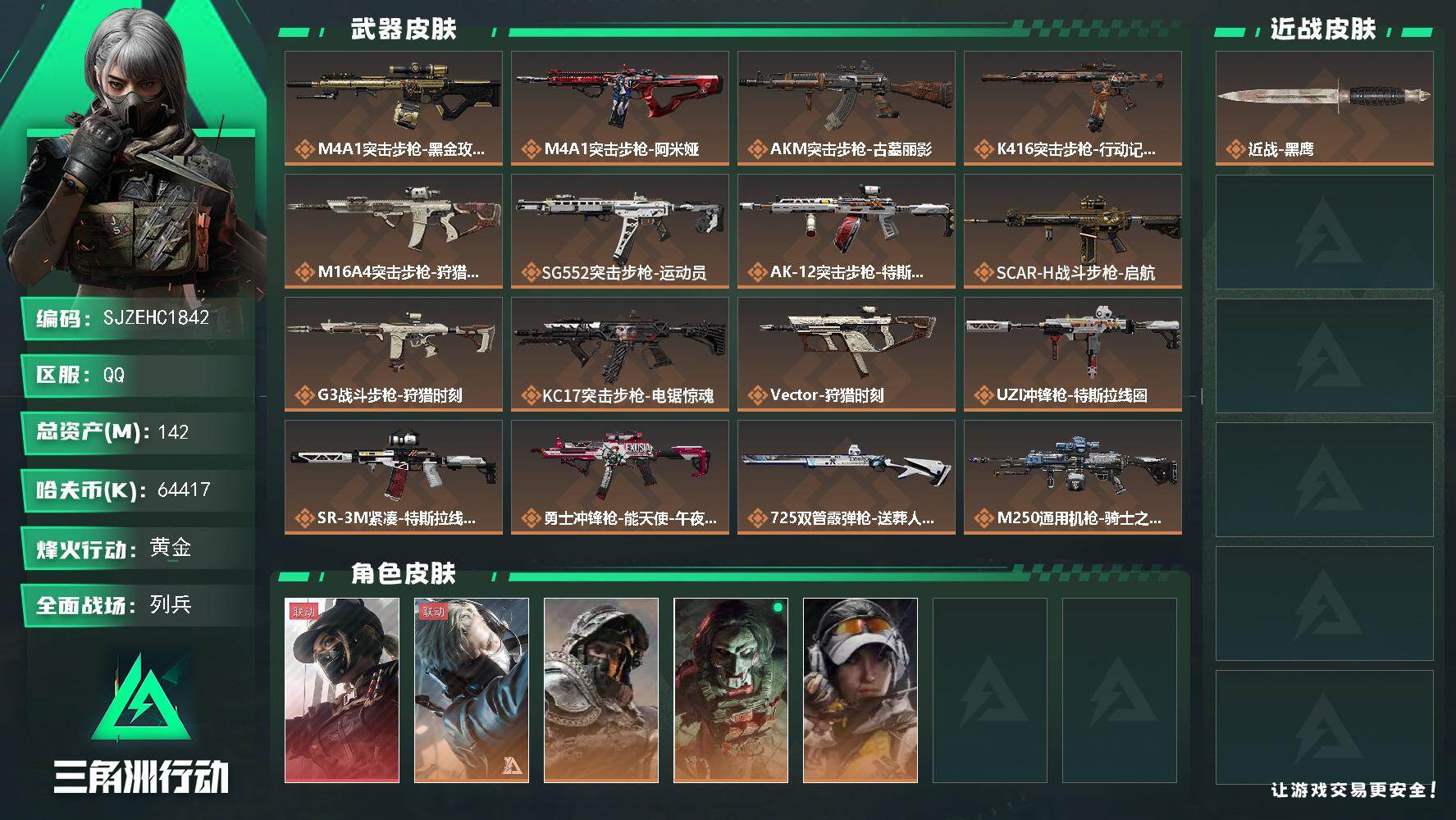 三角洲行动账号QQ【SJZEHC1842】EHC82990-黑天际线-1红皮-4金皮-
142m总资产-64417k哈夫币-60烽火等级-黄金-50战场等级-列兵
【干员外观】：露娜-黑·天际线，蜂医-送葬人·无题密