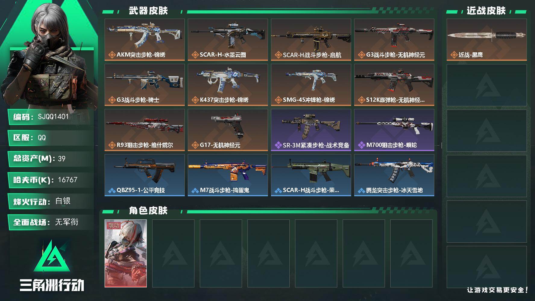 三角洲行动账号QQ【SJQQ1401】总资产39M/哈夫币1676万/干员外观数1/传说枪皮数10/战场等级1/行动等级33/安全箱等时效性道具以游戏内数据为准，详情请看图/骇爪-维什戴尔/近战-黑鹰/AKM突击步枪