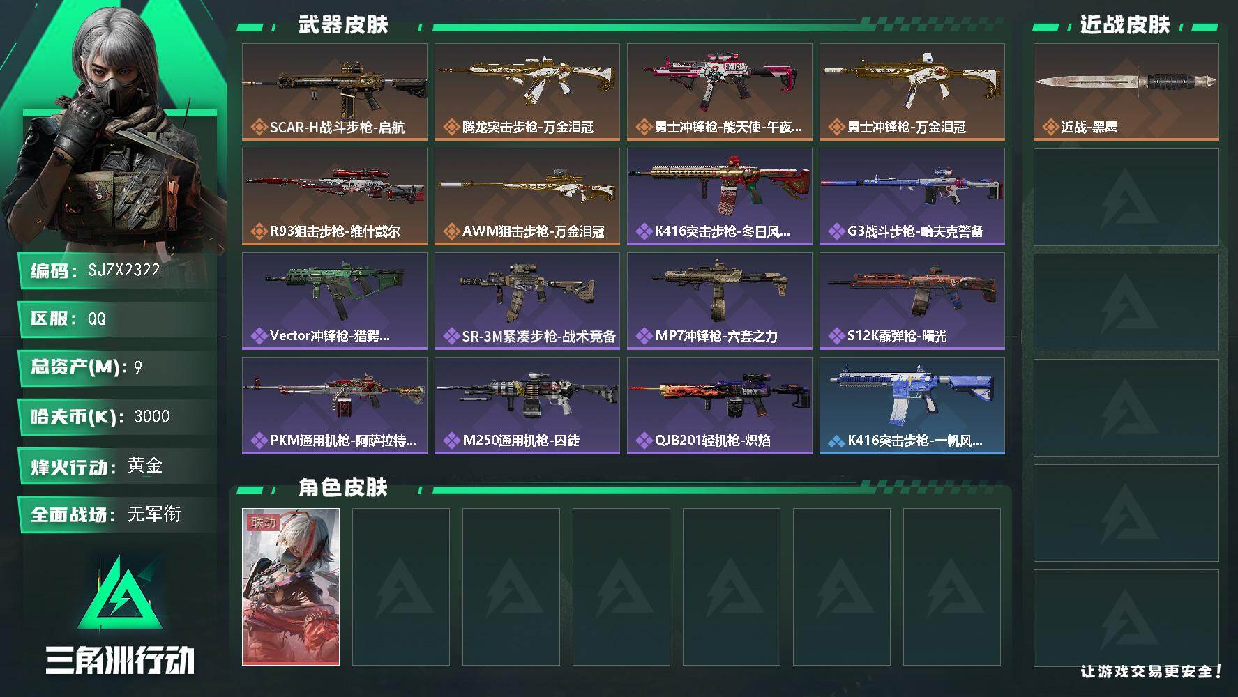 三角洲行动账号QQ【SJZX2322】总资产9M/哈夫币300万/干员外观数1/传说枪皮数6/战场等级1/行动等级39/安全箱等时效性道具以游戏内数据为准，详情请看图/骇爪-维什戴尔/近战-黑鹰/SCAR-H战斗步枪