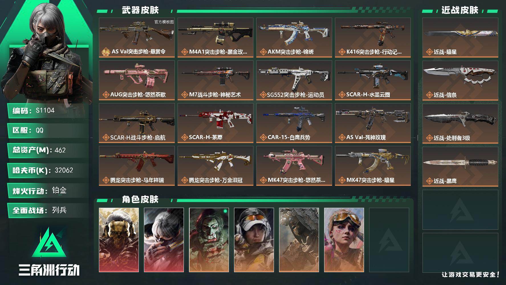 三角洲行动账号QQ【S1104】462m总资产-32062k哈夫币-60烽火等级-铂金-17战场等级-列兵
【干员外观】：红狼-蚀金玫瑰，骇爪-水墨云图，红狼-电锯惊魂，露娜-金牌射手，乌鲁鲁-荒原猎手，蛊-不羁人生