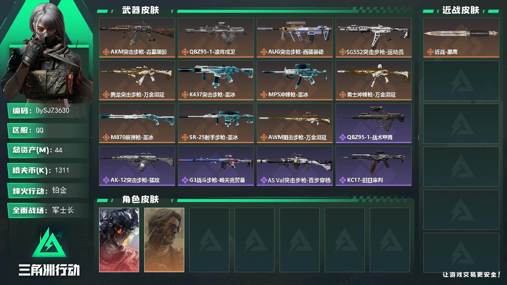 三角洲行动账号QQ【DySJZ3630】总资产44M/哈夫币131万/干员外观数2/传说枪皮数11/战场等级31/行动等级60/安全箱等时效性道具以游戏内数据为准，详情请看图/威龙-凌霄戍卫/银翼-未结卷宗/近战-黑