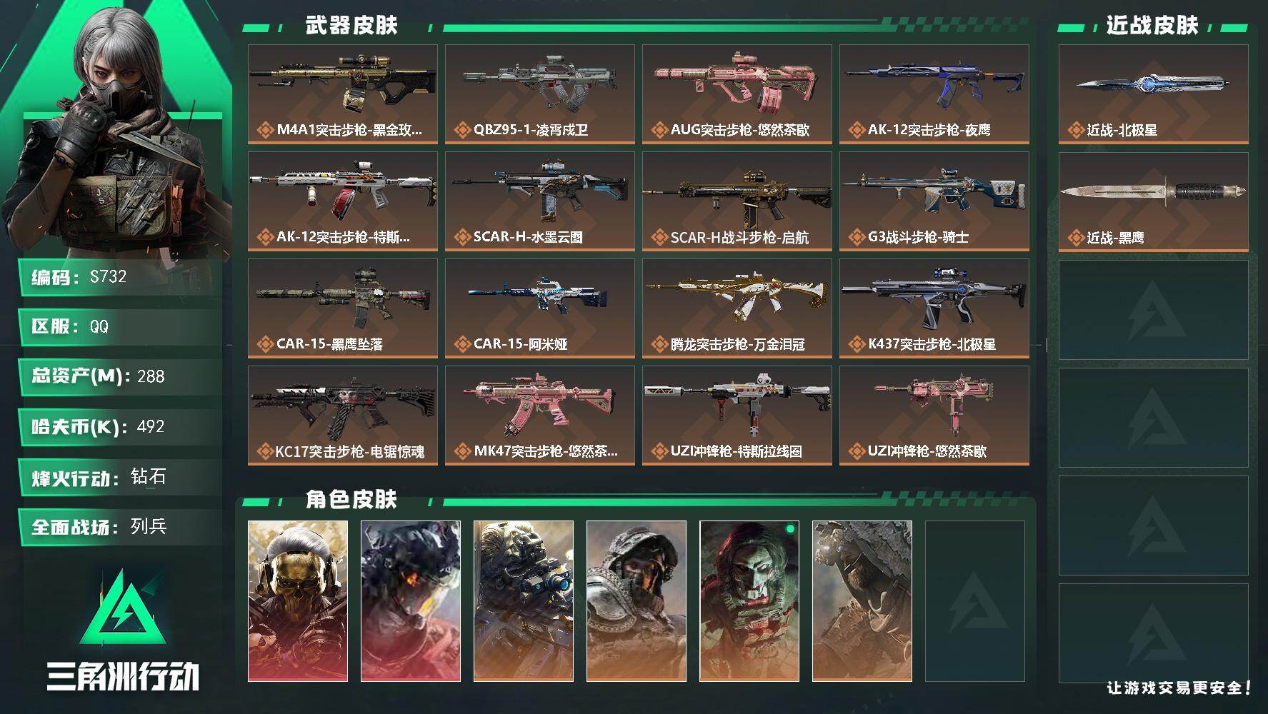三角洲行动账号QQ【S732】288m总资产-492k哈夫币-60烽火等级-钻石-8战场等级-列兵
【干员外观】：红狼-蚀金玫瑰，威龙-凌霄戍卫，无名-夜鹰，深蓝-不破誓约，红狼-电锯惊魂，乌鲁鲁-荒原猎手
【近战皮