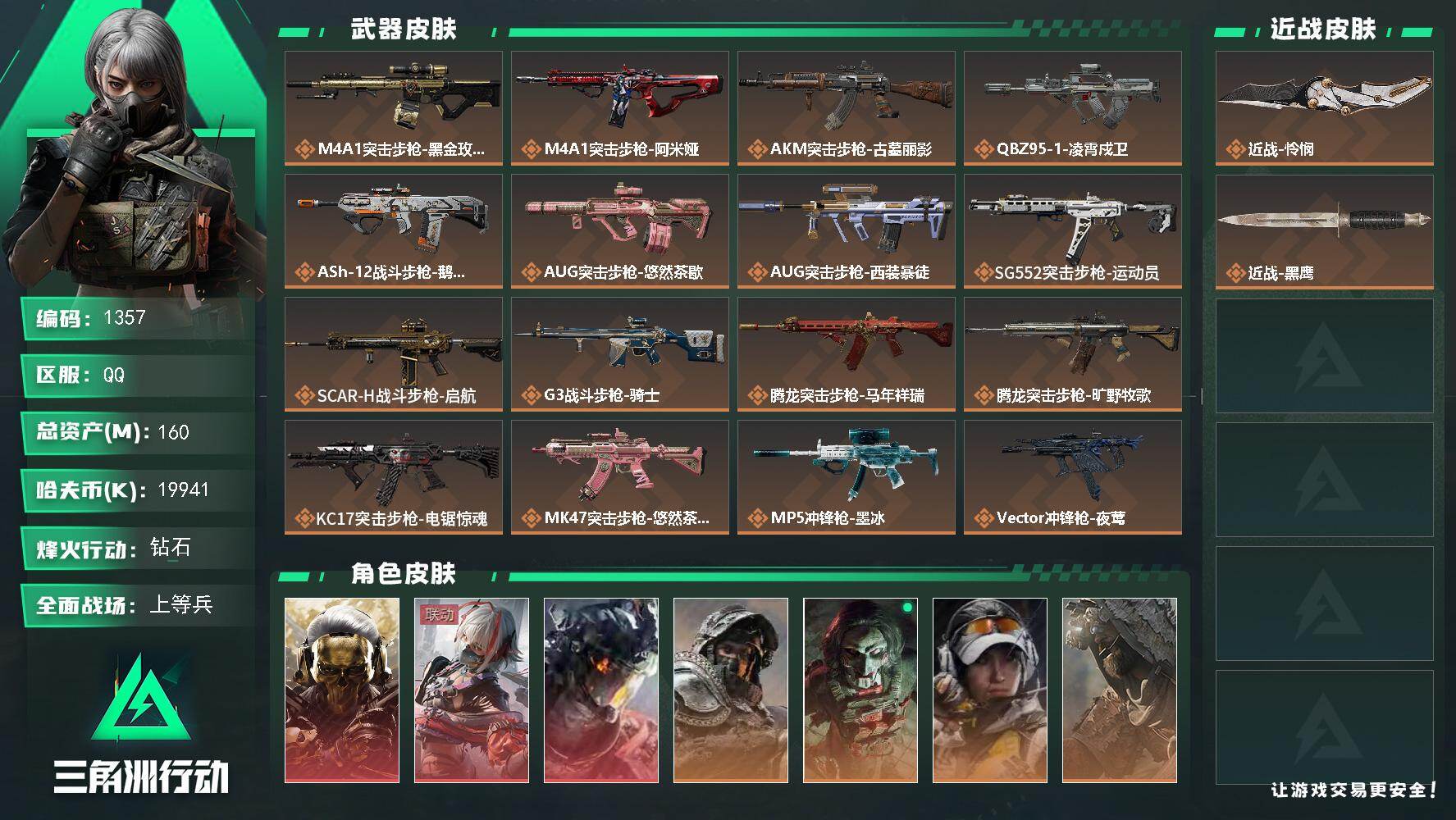 三角洲行动账号QQ160m总资产-19941k哈夫币-60烽火等级-钻石-30战场等级-上等兵
【干员外观】：红狼-蚀