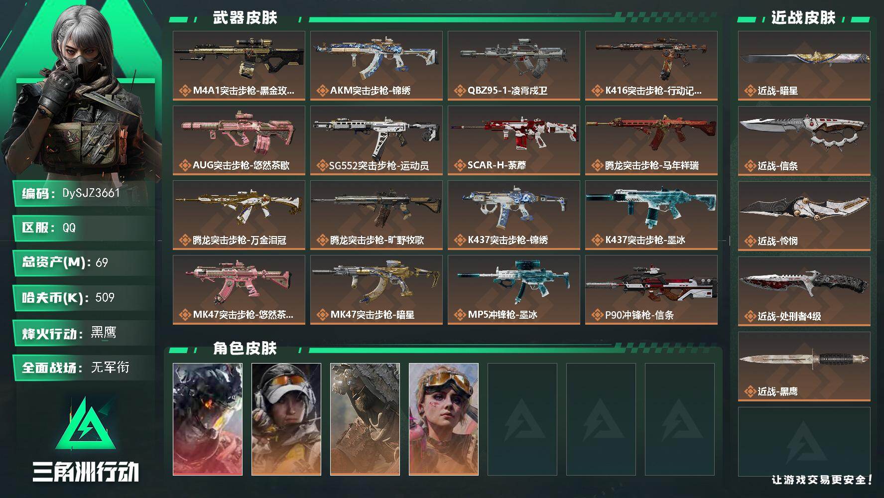 三角洲行动账号QQ【DySJZ3661】总资产69M/哈夫币50万/传说近战数4/干员外观数4/传说枪皮数31/战场等级5/行动等级60/安全箱等时效性道具以游戏内数据为准，详情请看图/威龙-凌霄戍卫/露娜-金牌射手