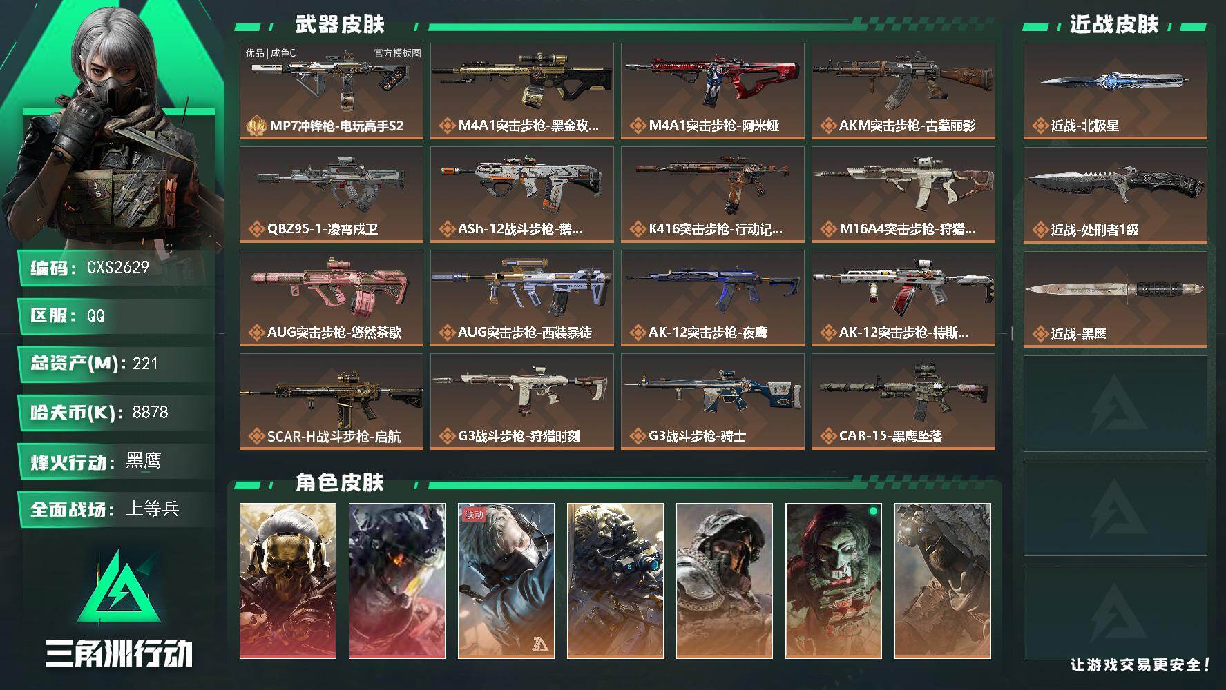 三角洲行动账号QQ221m总资产-8878k哈夫币-60烽火等级-黑鹰-40战场等级
【干员外观】：红狼-蚀金玫瑰，威