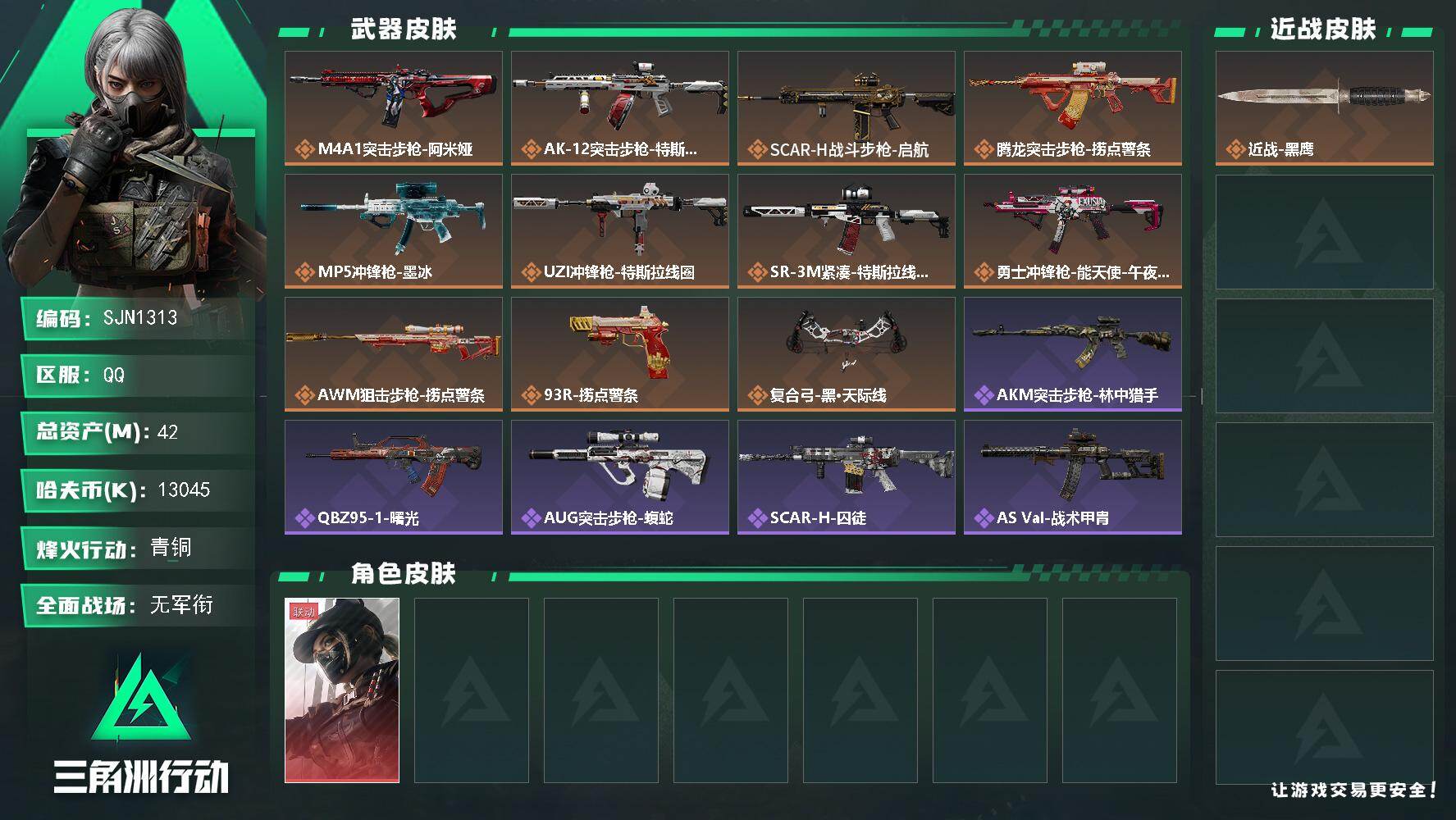 三角洲行动账号QQ【SJN1313】总资产42M/哈夫币1304万/干员外观数1/传说枪皮数11/战场等级5/行动等级
