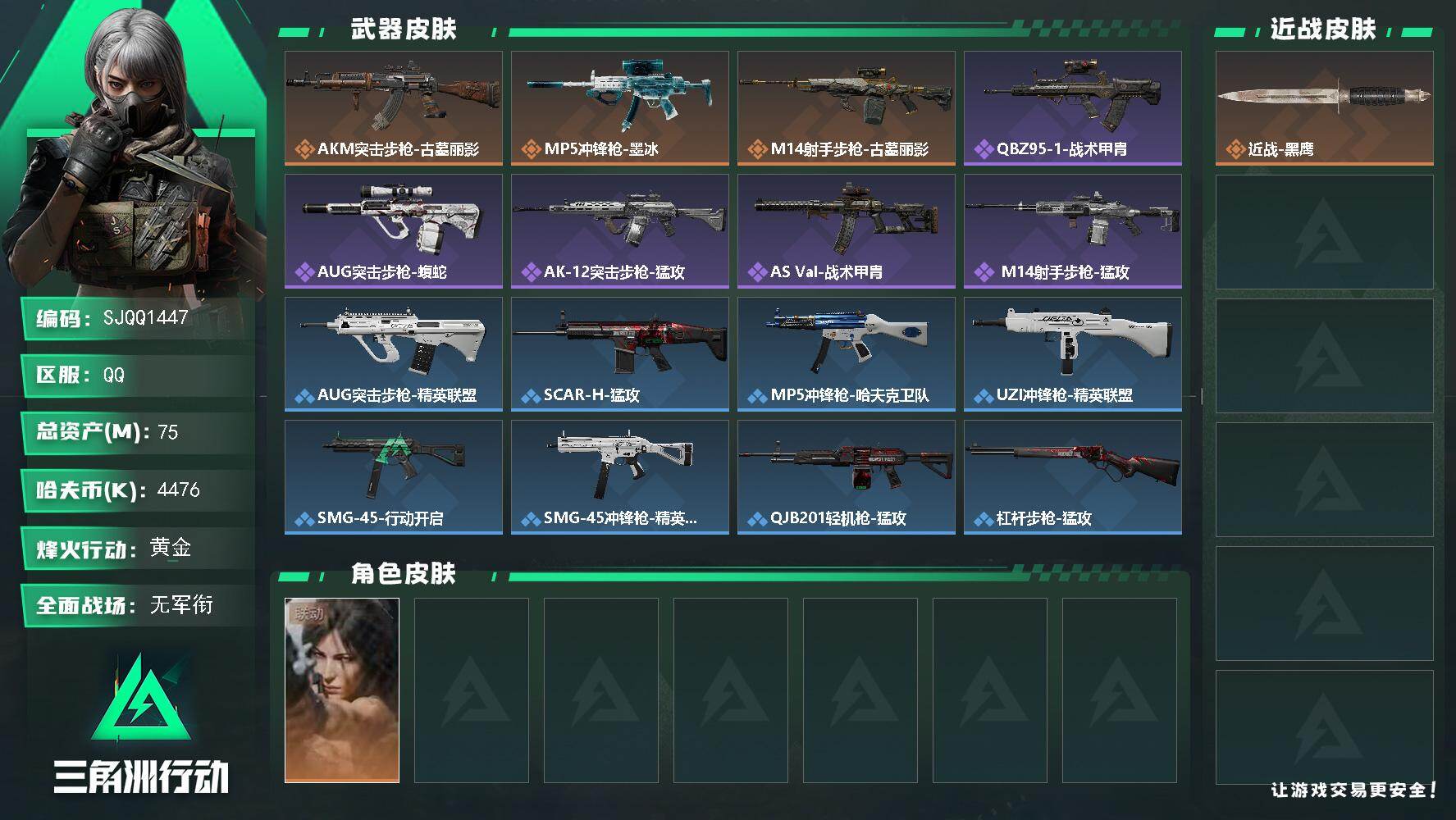 三角洲行动账号QQ【SJQQ1447】总资产75M/哈夫币447万/干员外观数1/传说枪皮数3/战场等级1/行动等级60/安全箱等时效性道具以游戏内数据为准，详情请看图/露娜-劳拉·克劳馥/近战-黑鹰/AKM突击步枪