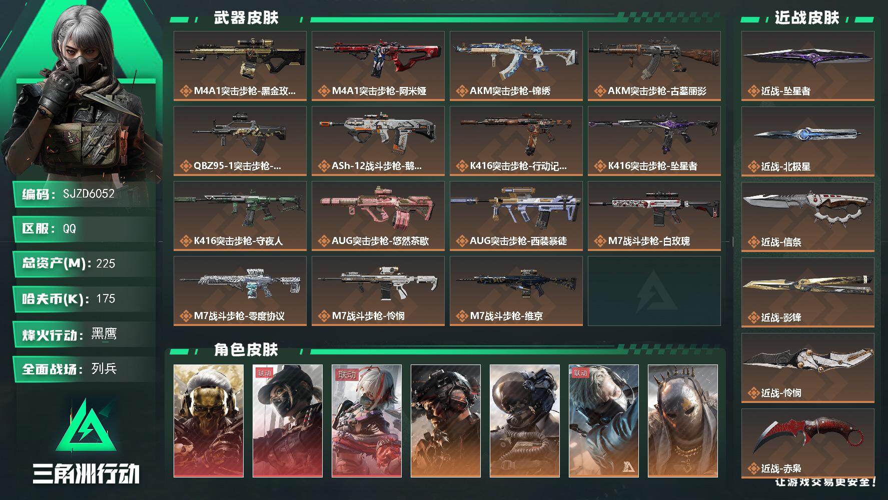 三角洲行动账号QQ【SJZD6052】总资产225M/哈夫币17万/传说近战数7/干员外观数15/传说枪皮数63/战场