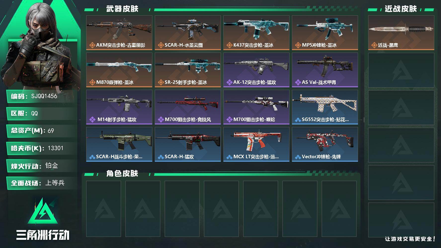 三角洲行动账号QQ【SJQQ1456】总资产69M/哈夫币1330万/传说枪皮数6/战场等级25/行动等级43/安全箱等时效性道具以游戏内数据为准，详情请看图/近战-黑鹰/AKM突击步枪-古墓丽影/SCAR-H战斗步