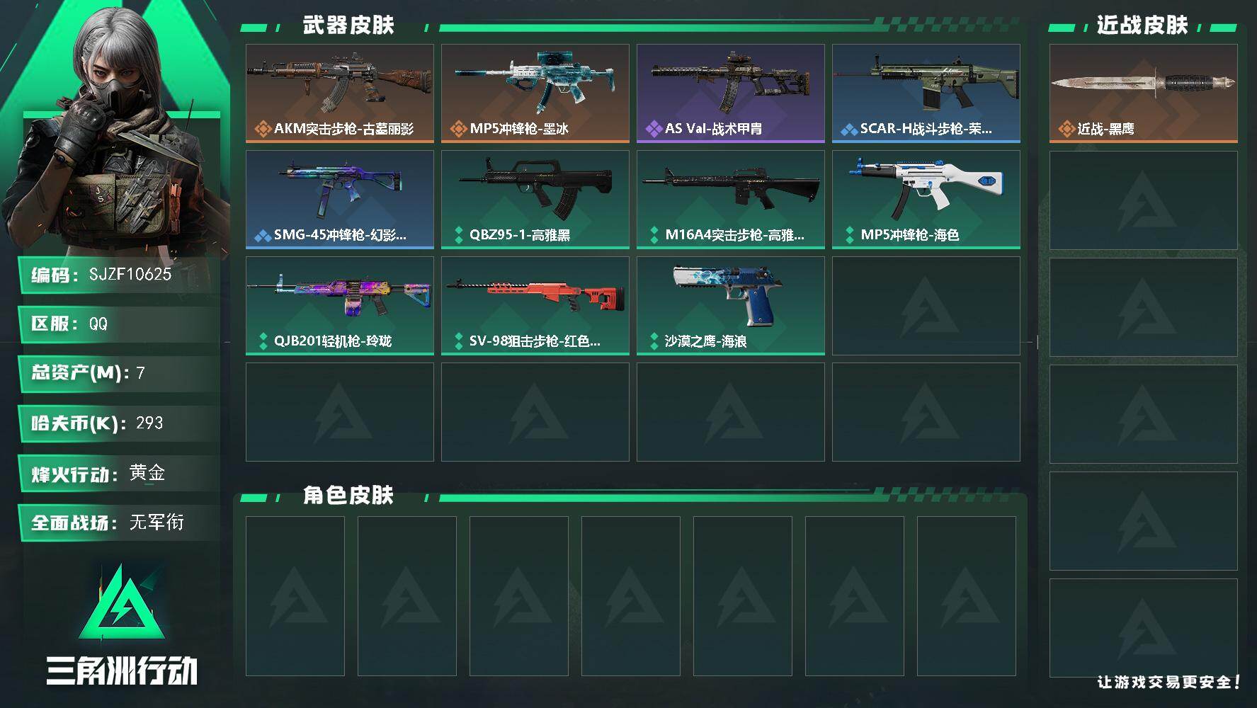三角洲行动账号QQ【SJZF10625】总资产7M/哈夫币29万/传说枪皮数2/战场等级1/行动等级32/安全箱等时效性道具以游戏内数据为准，详情请看图/近战-黑鹰/AKM突击步枪-古墓丽影/MP5冲锋枪-墨冰/AS