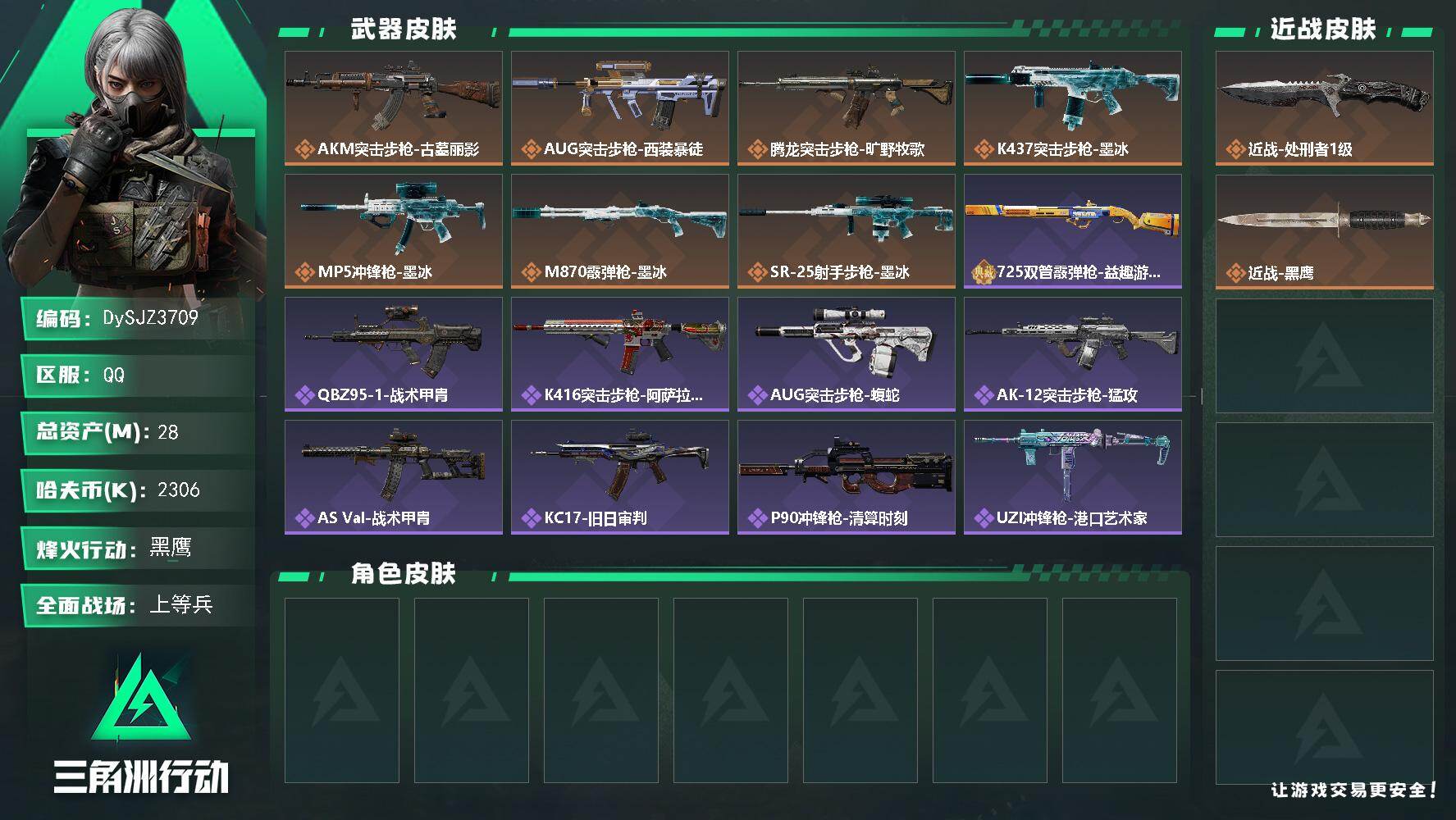 三角洲行动账号QQ【DySJZ3709】总资产28M/哈夫币230万/传说近战数1/传说枪皮数7/战场等级23/行动等级60/安全箱等时效性道具以游戏内数据为准，详情请看图/近战-处刑者1级/近战-黑鹰/AKM突击步