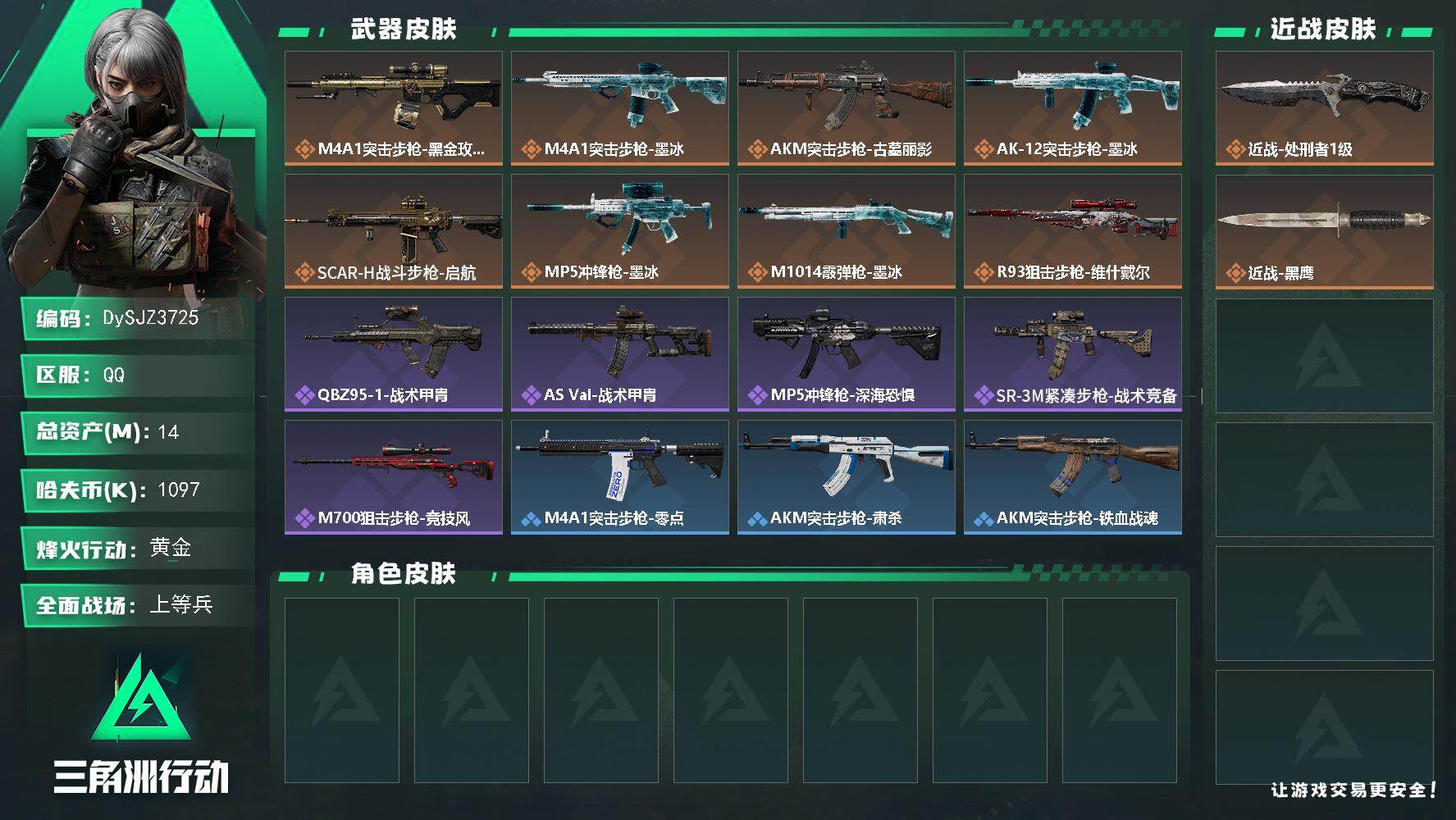 三角洲行动账号QQ【DySJZ3725】总资产14M/哈夫币109万/传说近战数1/传说枪皮数8/战场等级20/行动等级60/安全箱等时效性道具以游戏内数据为准，详情请看图/近战-处刑者1级/近战-黑鹰/M4A1突击