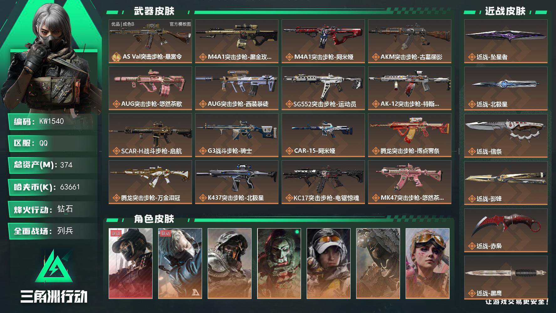 三角洲行动账号QQ【KW1540】总资产374M/哈夫币6366万/传说近战数5/干员外观数8/典藏外观数1/传说枪皮数35/战场等级26/行动等级60/安全箱等时效性道具以游戏内数据为准，详情请看图/露娜-黑·天际