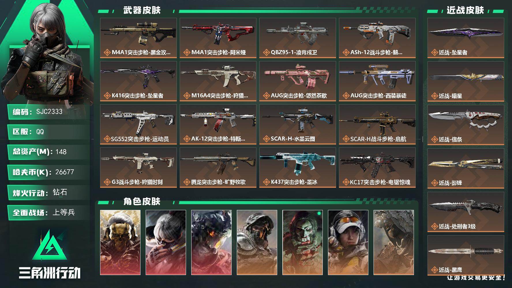 三角洲行动账号QQ【SJC2333】总资产148M/哈夫币2667万/传说近战数5/干员外观数10/传说枪皮数43/战场等级50/行动等级60/安全箱等时效性道具以游戏内数据为准，详情请看图/红狼-蚀金玫瑰/骇爪-水