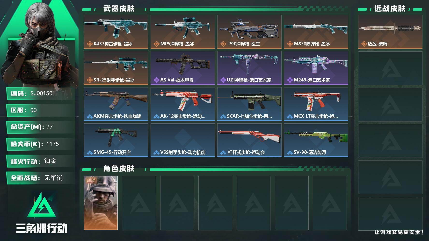 三角洲行动账号QQ【SJQQ1501】总资产27M/哈夫币117万/干员外观数1/传说枪皮数5/战场等级1/行动等级60/安全箱等时效性道具以游戏内数据为准，详情请看图/蜂医-医生/近战-黑鹰/K437突击步枪-墨冰