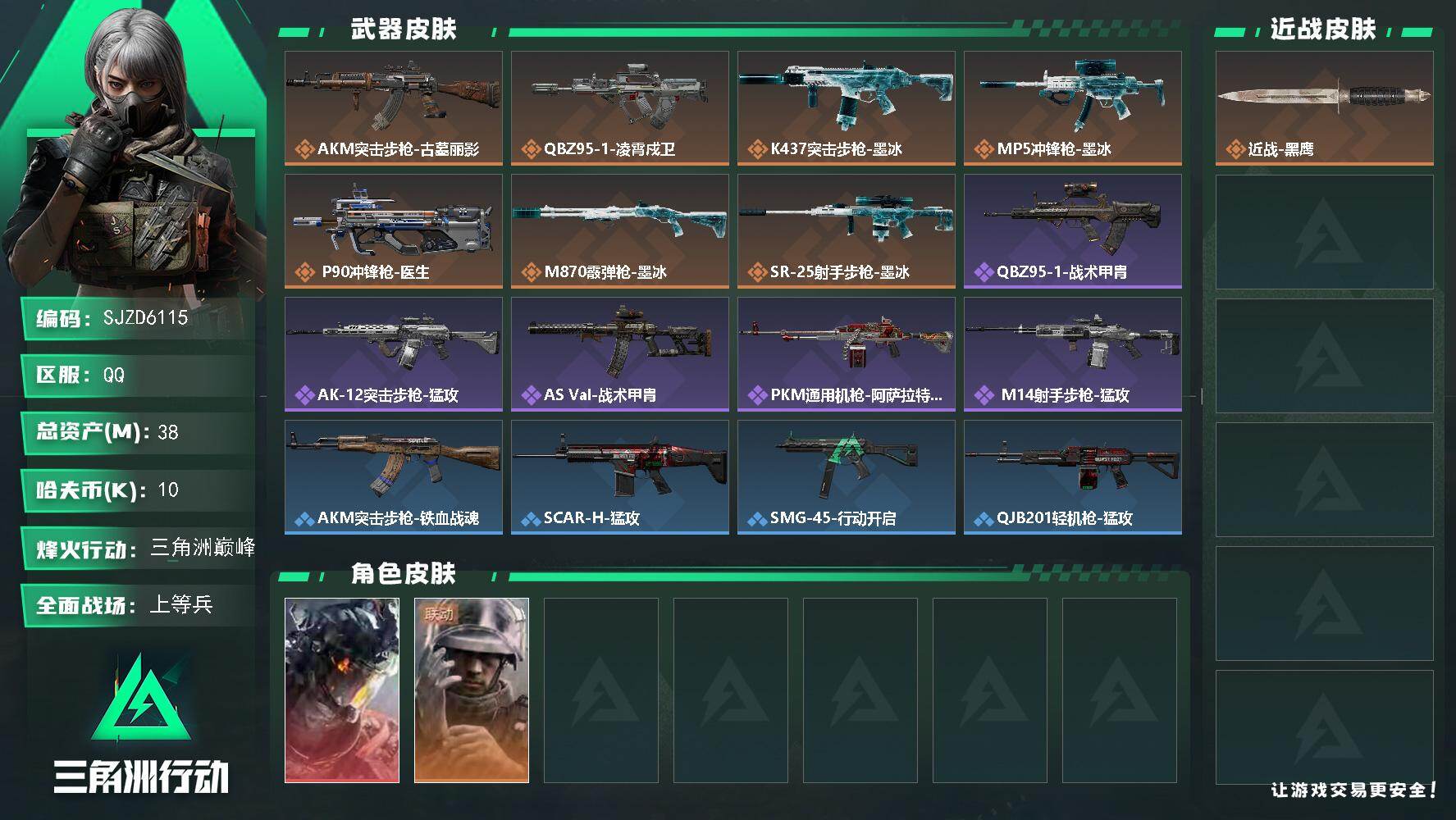 三角洲行动账号QQ【SJZD6115】总资产38M/哈夫币1万/干员外观数2/传说枪皮数7/战场等级18/行动等级60/安全箱等时效性道具以游戏内数据为准，详情请看图/威龙-凌霄戍卫/蜂医-医生/近战-黑鹰/AKM突