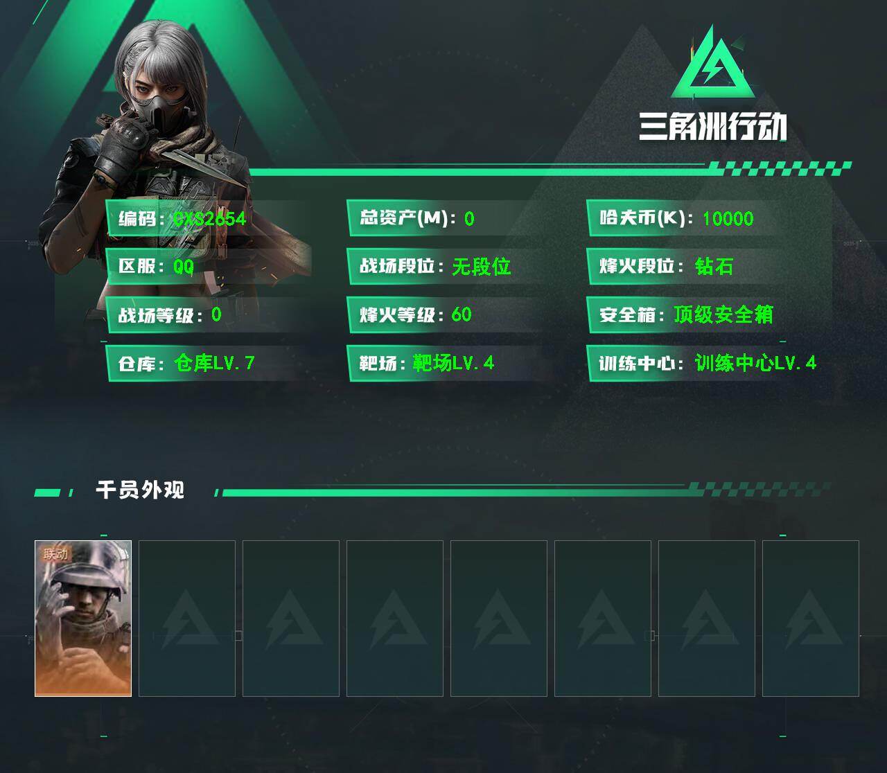 三角洲行动账号QQCX (0红 0刀 0砖) 【60级 总资产161m 现金101m 部门11211 体4负4仓库7 医生 s10赛季33 0封禁】，蜂医-医生