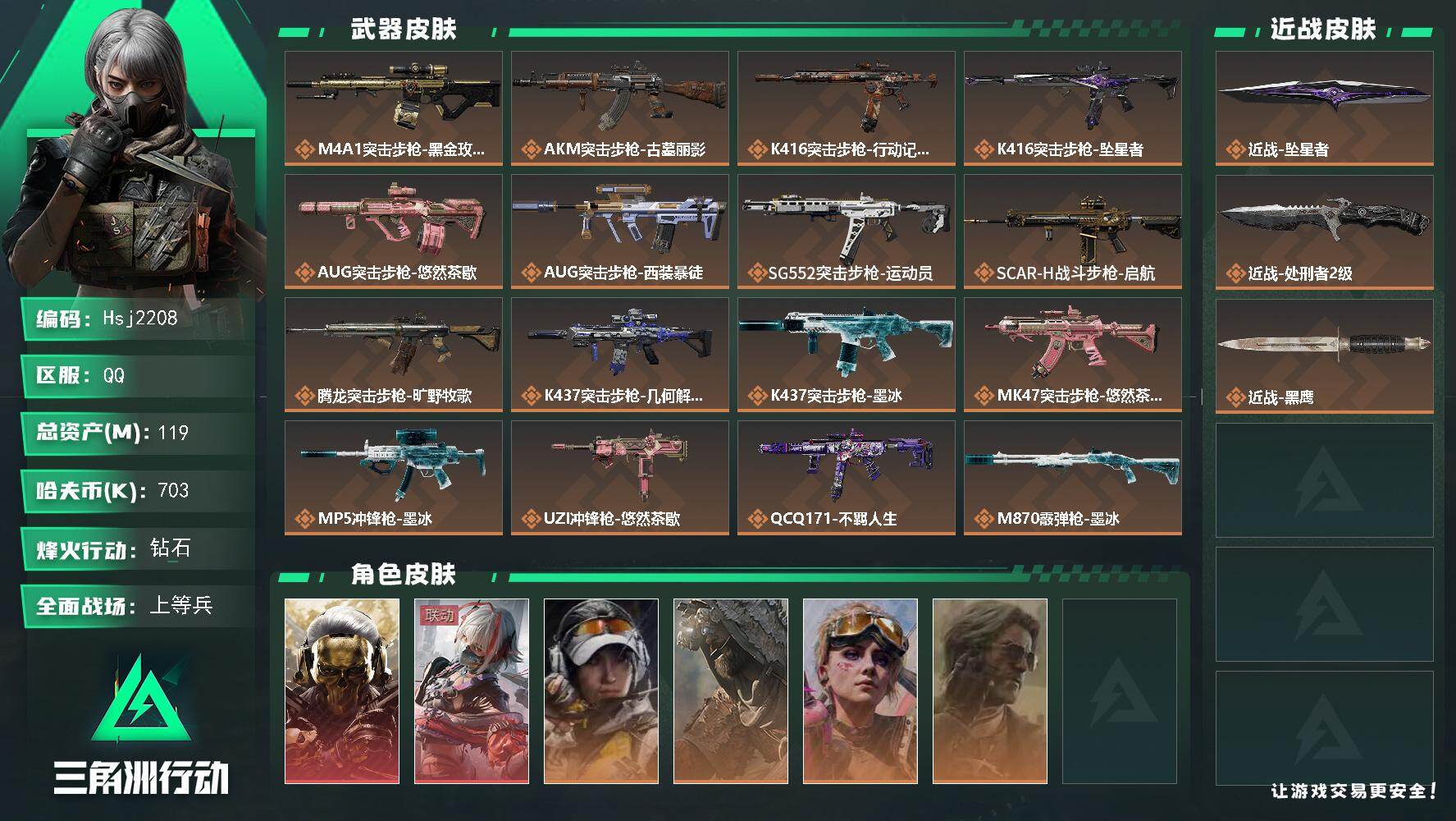 三角洲行动账号QQ【特价秒杀】满体【总资产119.3m流动资产80.1m哈夫币70w】可二次--全面战场等级：39/烽