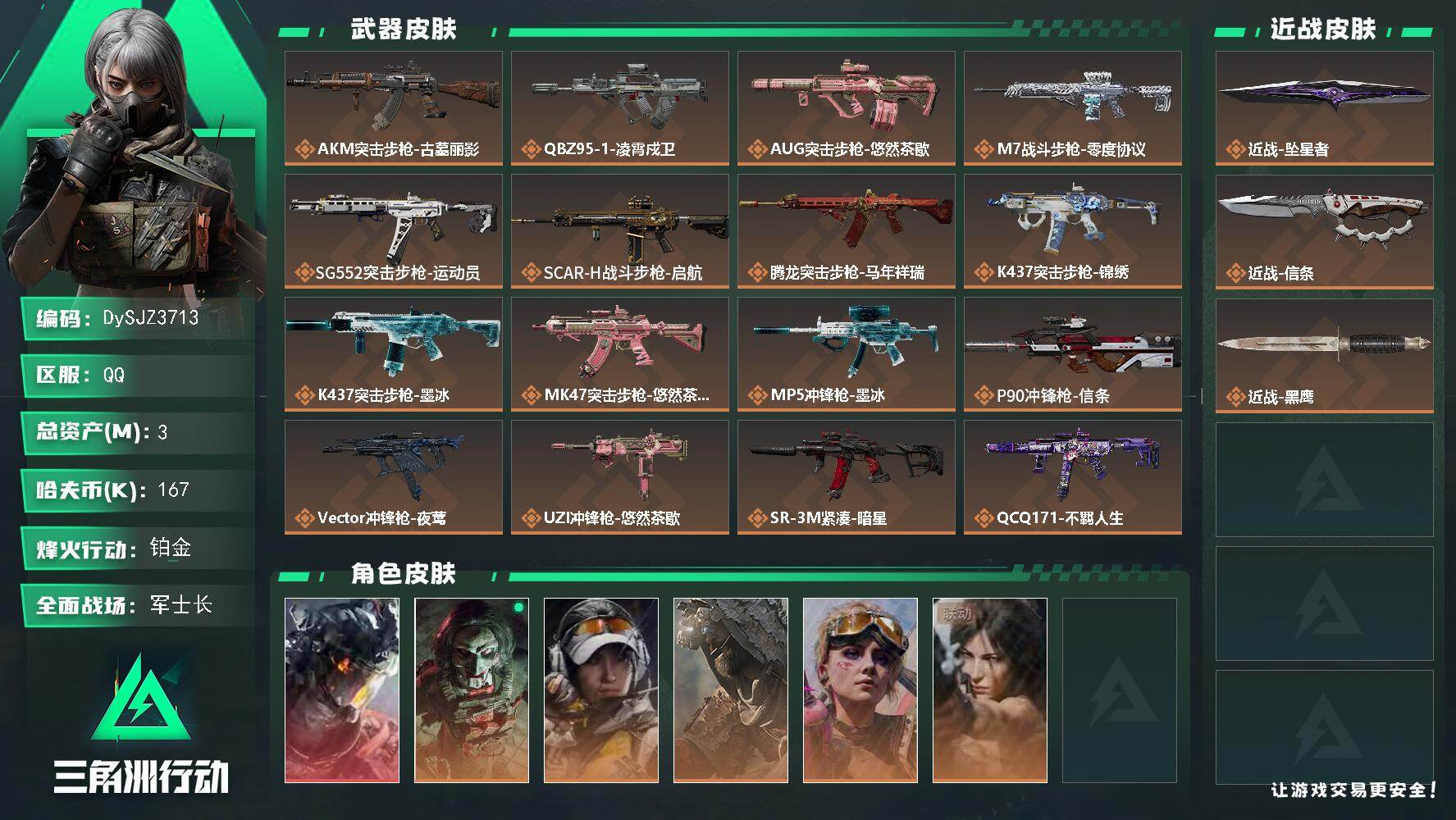 三角洲行动账号QQ【DySJZ3713】总资产3M/哈夫币16万/传说近战数2/干员外观数6/传说枪皮数29/战场等级44/行动等级60/安全箱等时效性道具以游戏内数据为准，详情请看图/威龙-凌霄戍卫/红狼-电锯惊魂