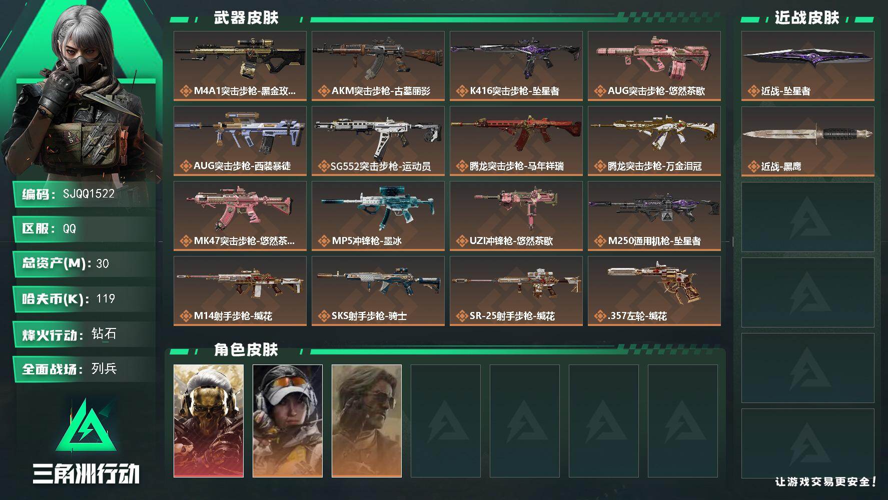 三角洲行动账号QQ【SJQQ1522】总资产30M/哈夫币11万/传说近战数1/干员外观数3/传说枪皮数17/战场等级