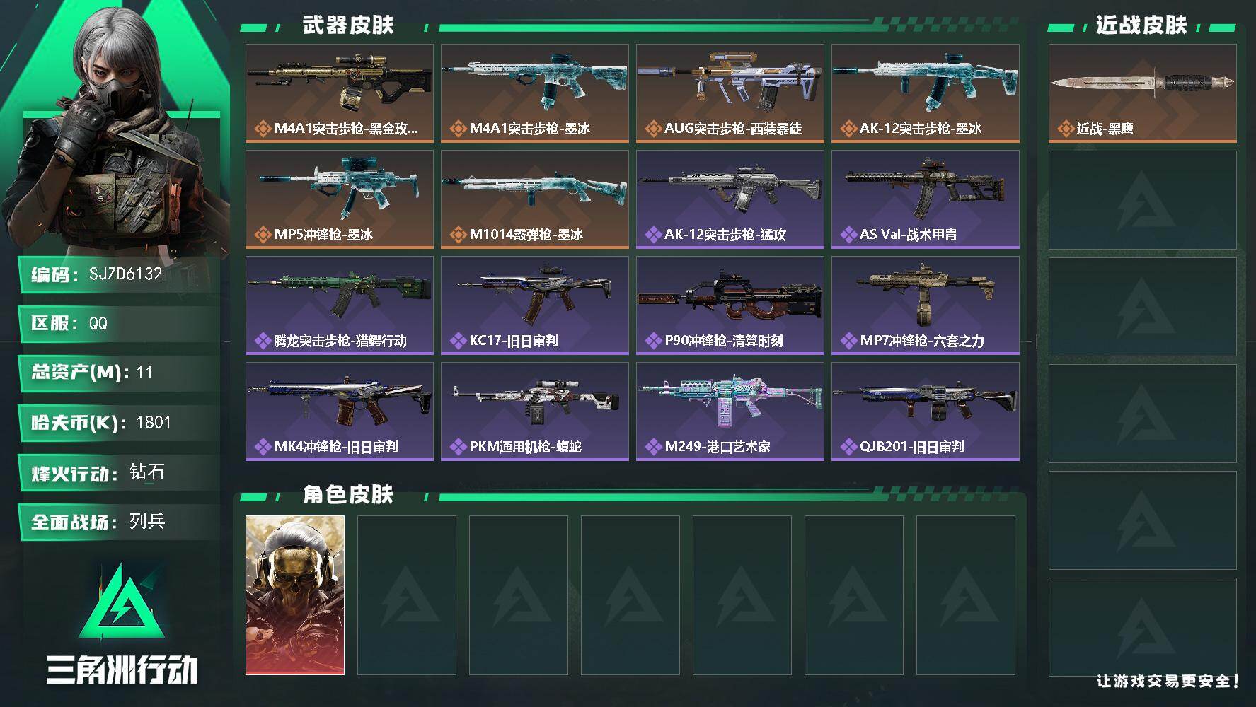 三角洲行动账号QQ【SJZD6132】总资产11M/哈夫币180万/干员外观数1/传说枪皮数6/战场等级10/行动等级54/安全箱等时效性道具以游戏内数据为准，详情请看图/红狼-蚀金玫瑰/近战-黑鹰/M4A1突击步枪