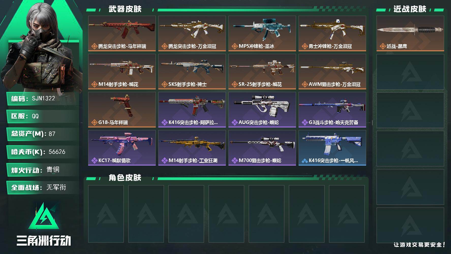 三角洲行动账号QQ【SJN1322】总资产87M/哈夫币5662万/传说枪皮数9/战场等级1/行动等级40/安全箱等时效性道具以游戏内数据为准，详情请看图/近战-黑鹰/腾龙突击步枪-马年祥瑞/腾龙突击步枪-万金泪冠/