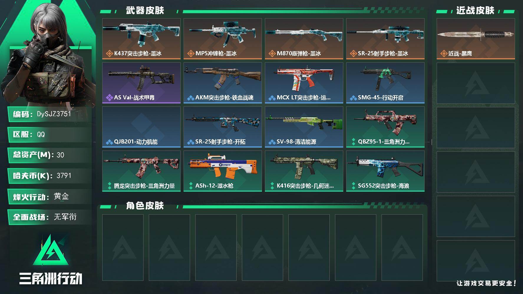 三角洲行动账号QQ【DySJZ3751】总资产30M/哈夫币379万/传说枪皮数4/战场等级1/行动等级60/安全箱等时效性道具以游戏内数据为准，详情请看图/近战-黑鹰/K437突击步枪-墨冰/MP5冲锋枪-墨冰/M
