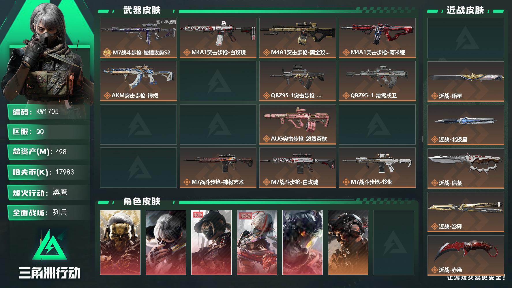 三角洲行动账号QQ【KW1705】总资产498M/哈夫币1798万/传说近战数7/干员外观数18/典藏外观数1/传说枪皮数71/战场等级32/行动等级60/安全箱等时效性道具以游戏内数据为准，详情请看图/红狼-蚀金玫