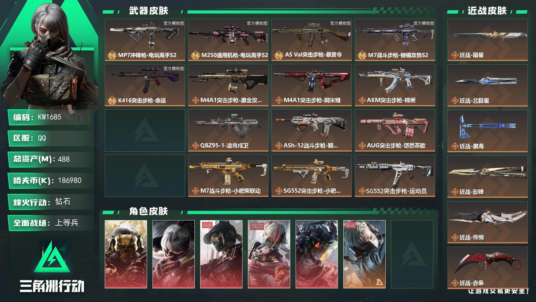 三角洲行动账号QQ【KW1685】总资产488M/哈夫币18698万/传说近战数7/干员外观数14/典藏外观数5/传说枪皮数63/战场等级32/行动等级60/安全箱等时效性道具以游戏内数据为准，详情请看图/红狼-蚀金