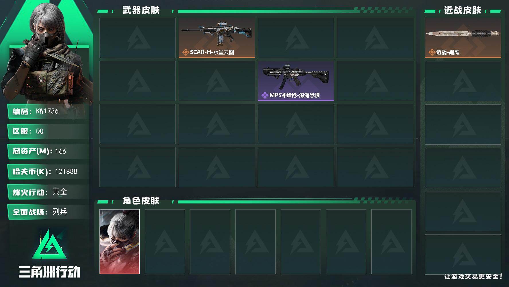 三角洲行动账号QQ【KW1736】总资产166M/哈夫币12188万/干员外观数1/传说枪皮数3/战场等级6/行动等级53/安全箱等时效性道具以游戏内数据为准，详情请看图/骇爪-水墨云图/近战-黑鹰/AKM突击步枪-