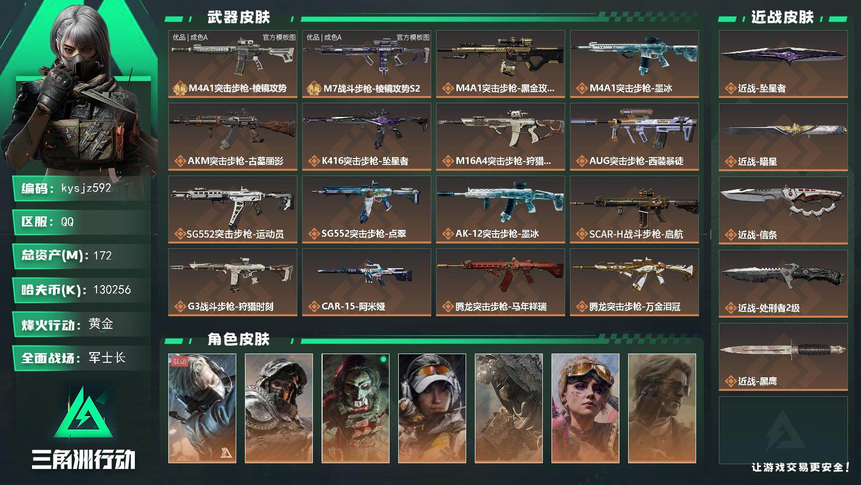 三角洲行动账号QQ172m总资产-130256k哈夫币-60烽火等级-黄金-50战场等级-军士长
【干员外观】：蜂医-