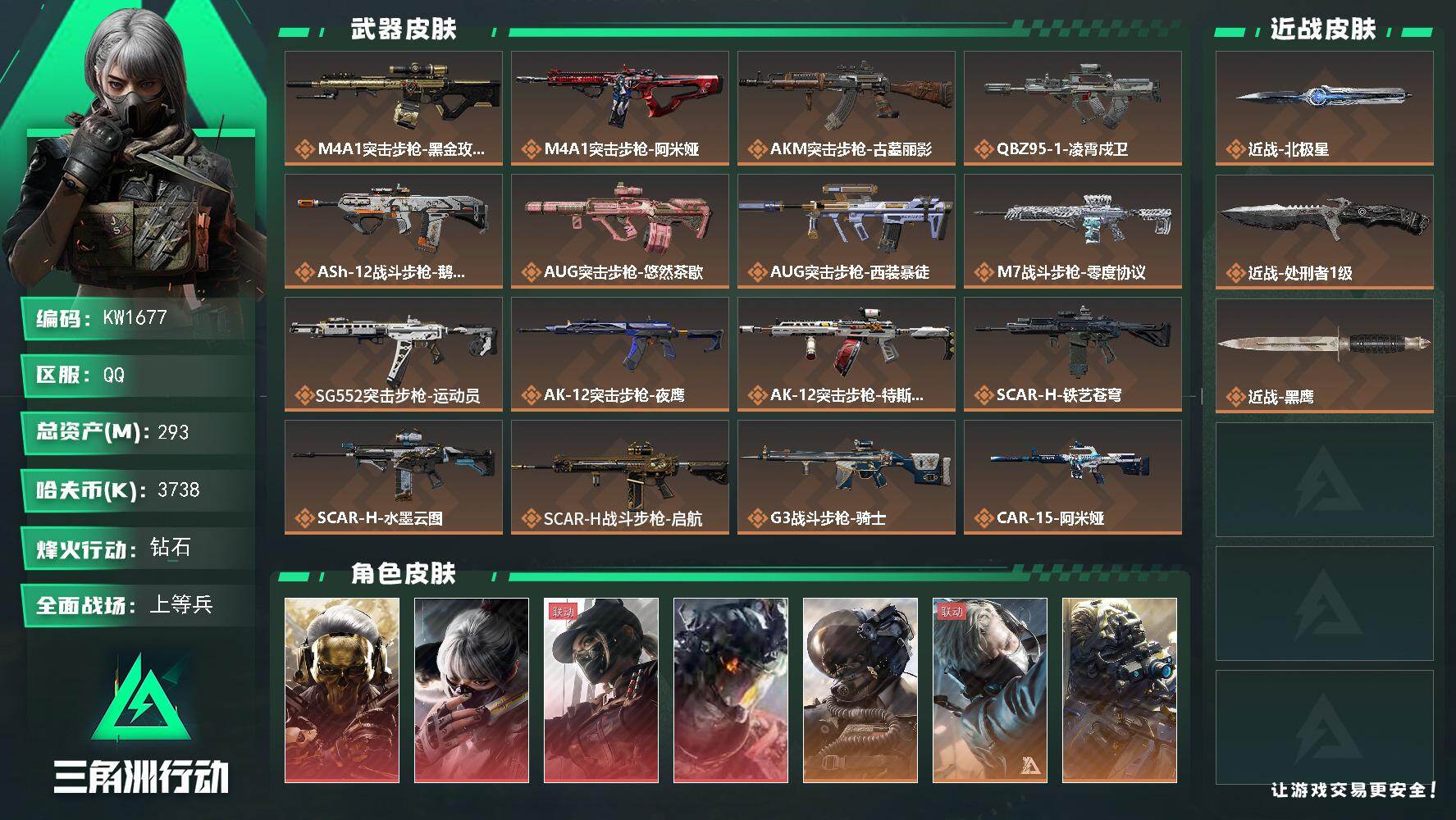 三角洲行动账号QQ【KW1677】总资产293M/哈夫币373万/传说近战数2/干员外观数13/传说枪皮数47/战场等级29/行动等级60/安全箱等时效性道具以游戏内数据为准，详情请看图/红狼-蚀金玫瑰/骇爪-水墨云