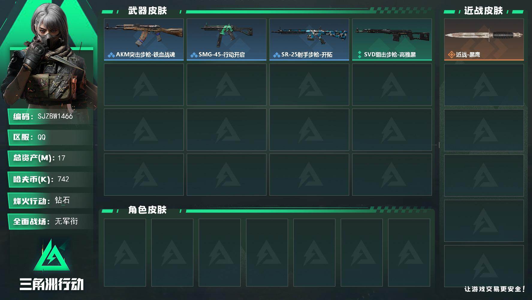 三角洲行动账号QQ【SJZBW1466】总资产17M/哈夫币74万/战场等级1/行动等级50/安全箱等时效性道具以游戏内数据为准，详情请看图/近战-黑鹰/AKM突击步枪-铁血战魂/SMG-45冲锋枪-行动开启/SR-