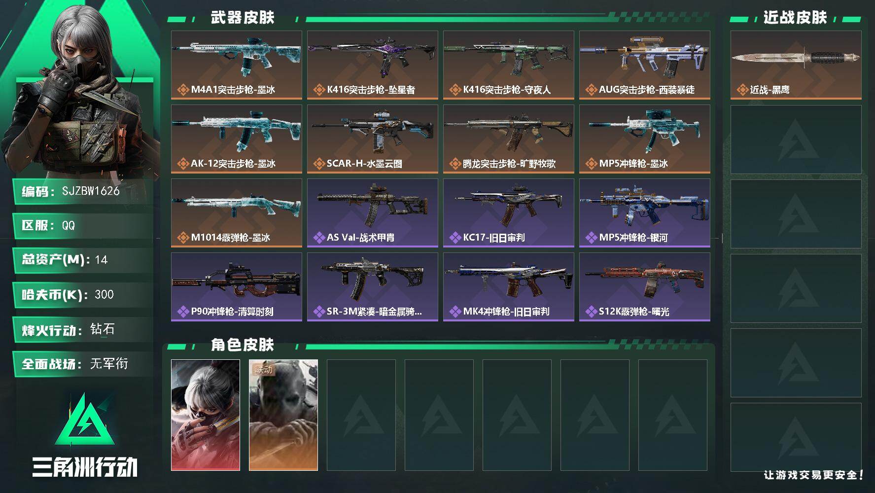 三角洲行动账号QQ【SJZBW1626】总资产14M/哈夫币30万/干员外观数2/传说枪皮数9/战场等级1/行动等级57/安全箱等时效性道具以游戏内数据为准，详情请看图/骇爪-水墨云图/无名-守夜人/近战-黑鹰/M4