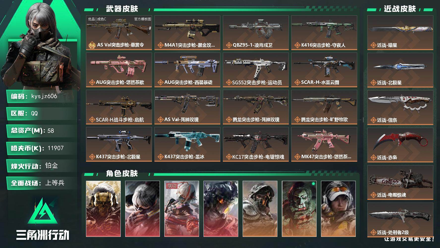 三角洲行动账号QQ58m总资产-11907k哈夫币-60烽火等级-铂金-22战场等级-上等兵
【干员外观】：红狼-蚀金
