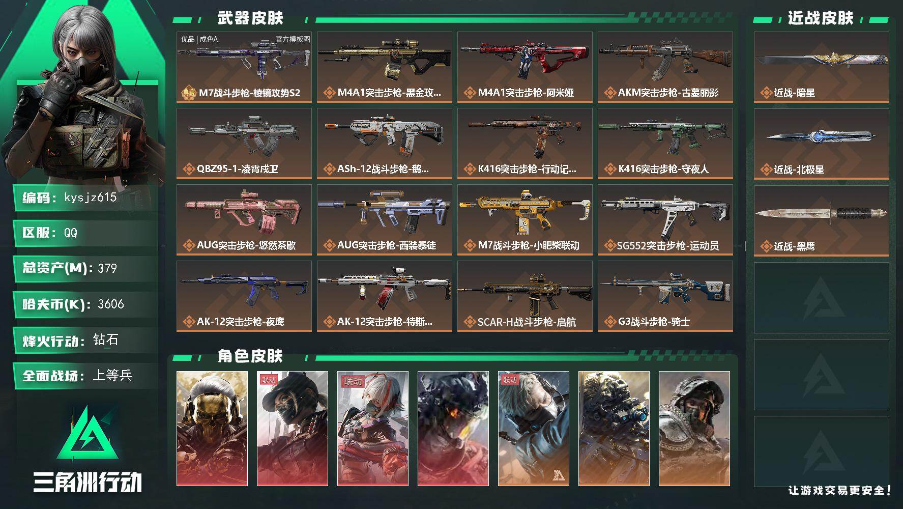 三角洲行动账号QQ379m总资产-3606k哈夫币-60烽火等级-钻石-42战场等级-上等兵
【干员外观】：红狼-蚀金