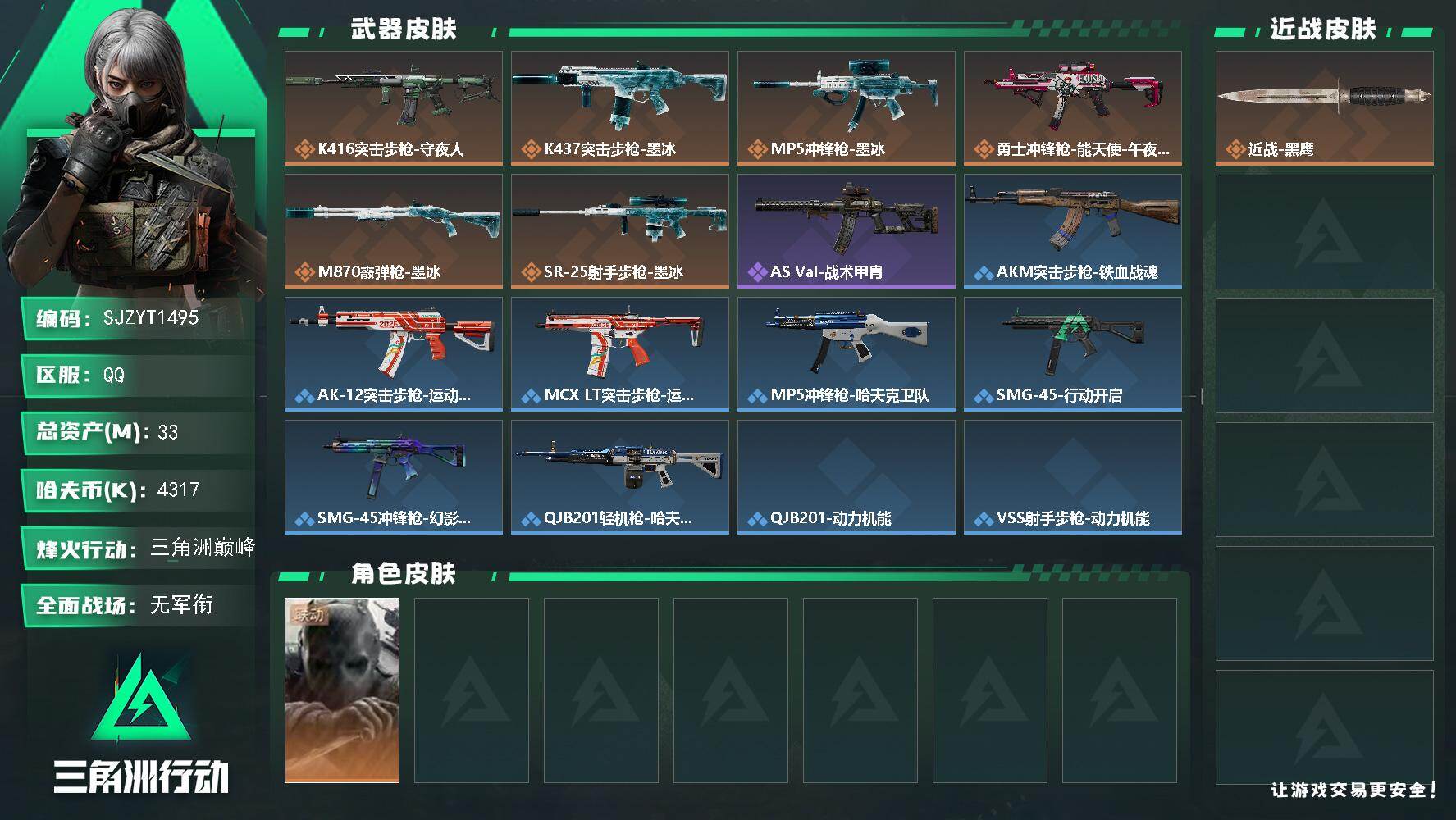 三角洲行动账号QQ【SJZYT1495】总资产33M/哈夫币431万/干员外观数1/传说枪皮数6/战场等级5/行动等级60/安全箱等时效性道具以游戏内数据为准，详情请看图/无名-守夜人/近战-黑鹰/K416突击步枪-